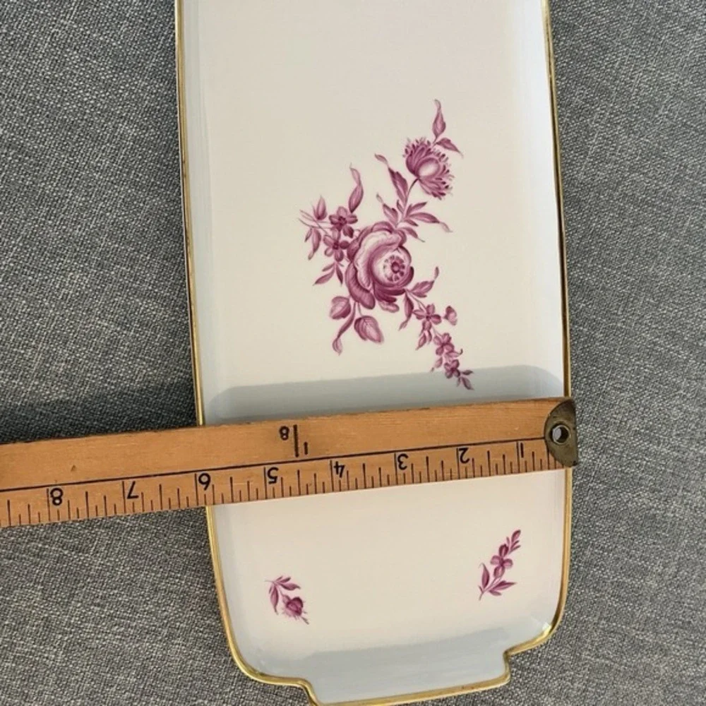 Augarten Wien Biedermeier Purple Floral Porcelain Serving Tray‎ Gold Trim 14.5